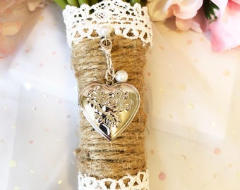 Vintage Rose Heart Bouquet Locket: Silver Photo Keepsake, Pearl Accent