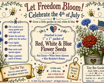 Biglietto d'auguri per il 4 luglio + semi di fiori rossi, bianchi e blu