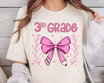 3rd Grade Pink Pencil Bow Shirt PNG, Teacher Shirt PNG, Back to School Shirt PNG, Teacher Team Shirts, Teacher Sublimation, digital download
