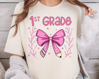 1st Grade Pink Pencil Bow Shirt PNG, Teacher Shirt PNG, Back to School Shirt PNG, Teacher Team Shirts, Teacher Sublimation, digital download