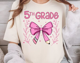 5th Grade Pink Pencil Bow Shirt PNG, Teacher Shirt PNG, Back to School Shirt PNG, Teacher Team Shirts, Teacher Sublimation, digital download