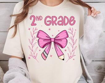 2nd Grade Pink Pencil Bow Shirt PNG, Teacher Shirt PNG, Back to School Shirt PNG, Teacher Team Shirts, Teacher Sublimation, digital download
