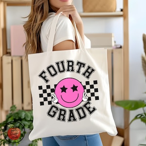May include: White canvas tote bag with a black and white checkered design and a pink smiley face with stars for eyes. The text "FOURTH GRADE" is printed in black letters.