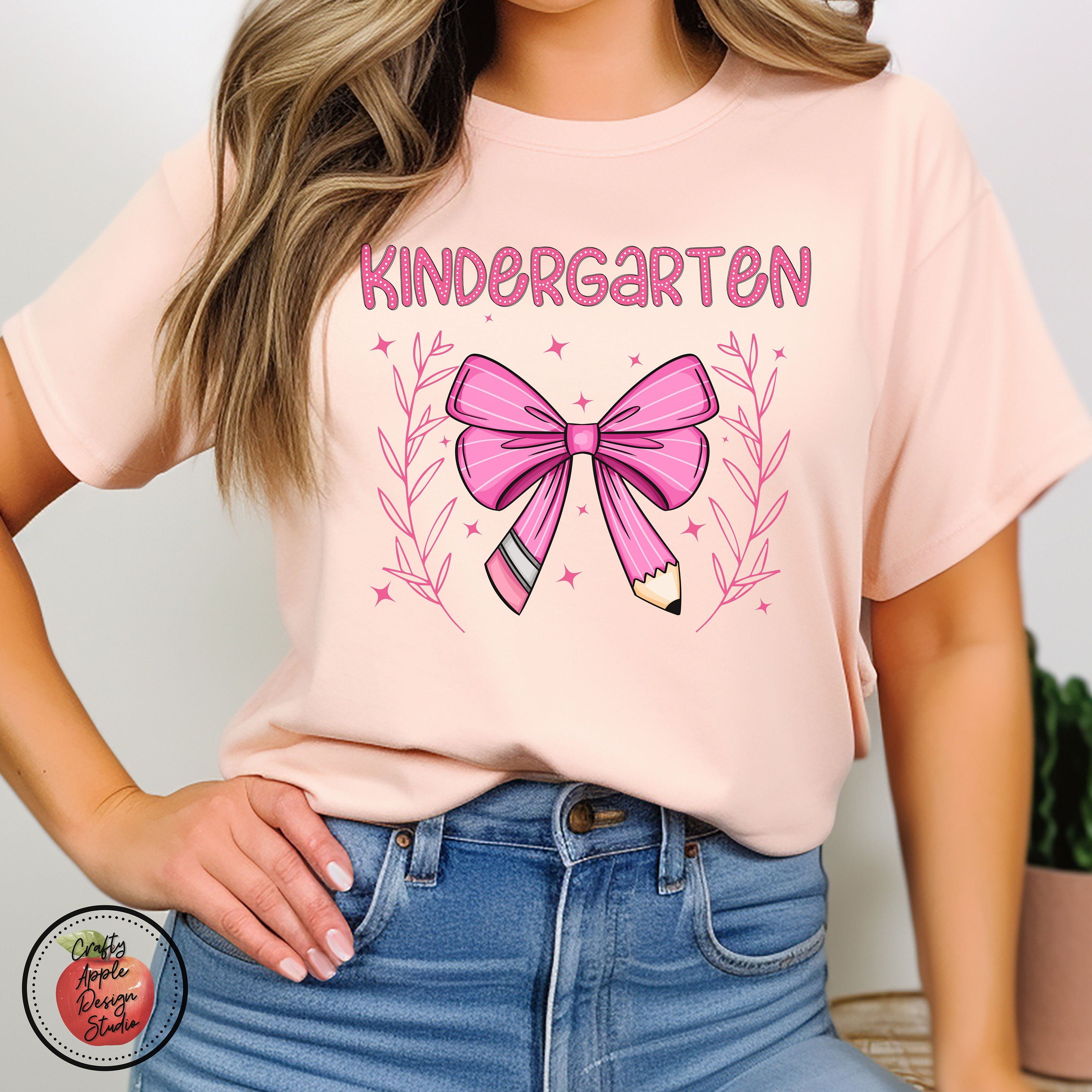 Kindergarten Pink Pencil Bow Shirt PNG, Teacher Shirt PNG, Back