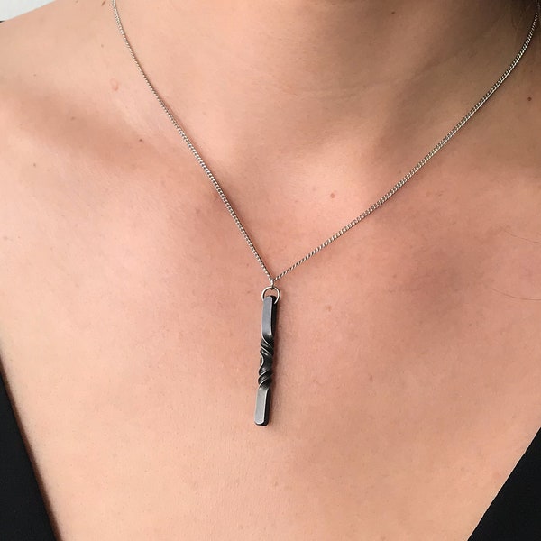 vertical bar pendant, minimal stainless steel and iron necklace, blacksmith made, 6th anniversary gift