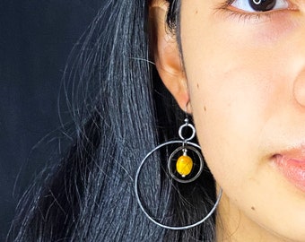 iron hoop earrings lightweight with bumblebee jasper, dangle hoop earrings in iron, jasper earrings, hand forged earrings