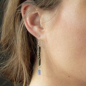 bronze and gem dangle earrings with rose tourmaline, tanzanite for 8th anniversary gift