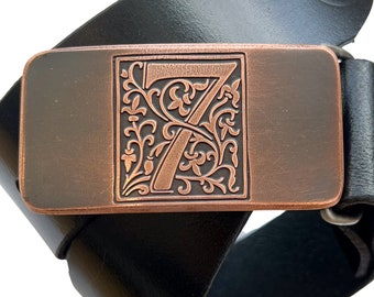 personalized copper belt buckle, handmade, with black or brown leather belt, 7th anniversary gift