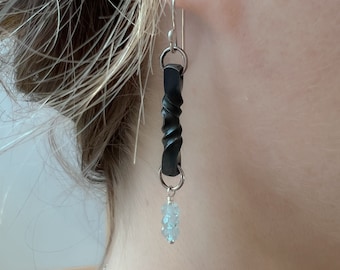 aquamarine and iron twist earrings, 6th anniversary gift, iron anniversary gift for her, aquamarine steel dangles, blacksmith made