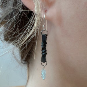 Hand Forged Iron Twist Earrings: Aquamarine Dangles, Sterling Silver Hooks