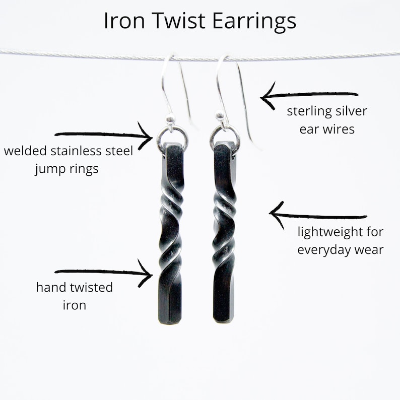 6th anniversary gift for wife, iron twist earrings on silver ear wires, blacksmith made iron jewelry, handmade modern earrings image 3