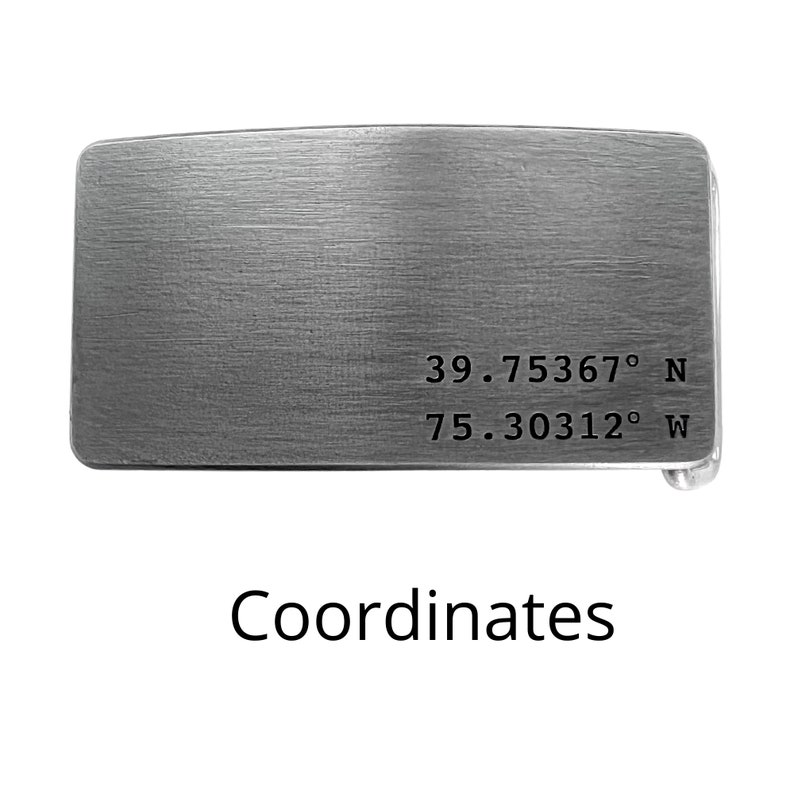 Personalized Iron Belt Buckle, Custom 6th Anniversary Engraving coordinates