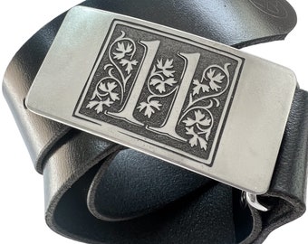 stainless steel floral belt buckle, engraved 11th anniversary gift, steel gift