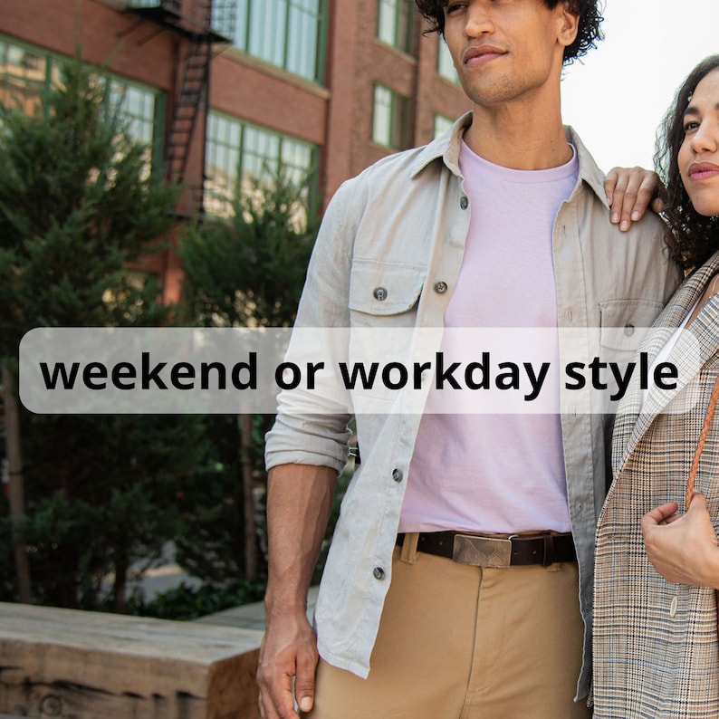 May include: A man wearing a light gray button-down shirt over a light purple t-shirt, paired with khaki pants and a brown belt. The text "weekend or workday style" is overlaid on the image. A woman wears a plaid blazer.