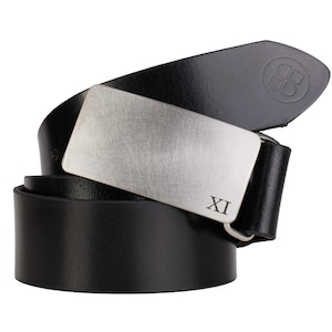 May include: Black leather belt with a silver buckle that has the Roman numeral 'XI' engraved on it.