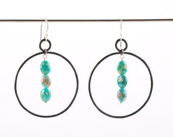 6th anniversary gift for wife, Turquoise and iron hammered hoop earrings, handmade modern bohemian earrings