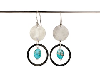 11th anniversary gift for wife, turquoise and stainless steel disc earrings with forged steel hoop, lightweight dangle earrings