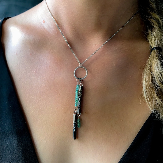 Tourmaline Necklace Bronze And Blue Green - Blue Green Tourmaline Pendant
