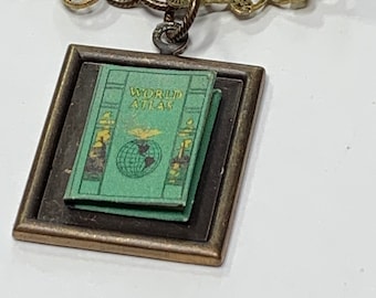World Atlas Maps Hidden Book Necklace with Tiny Readable Book, hand painted Filigree Cover