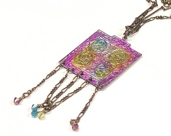 Hand painted "stained glass" pendant, 23" brass chain Necklace, Crystal Dangles