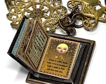 Book of Incantations Hidden Book Necklace with Tiny Readable Book, hand painted Filigree Cover