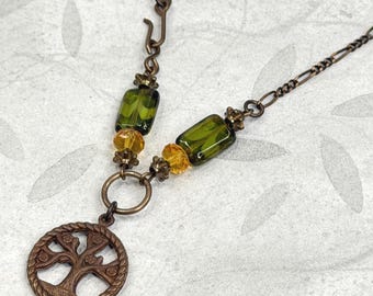 Brass Tree of Life Necklace – Olive Green & Topaz Glass, 17"