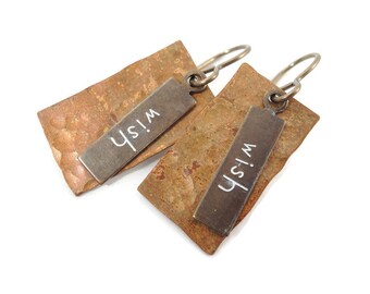 Stamped Wish Copper Earrings, Brass Charms