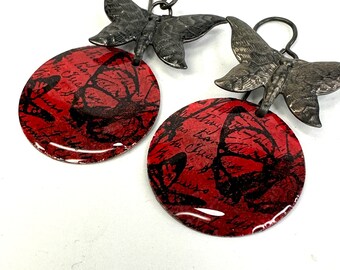 Hand painted and stamped red and black butterfly earrings