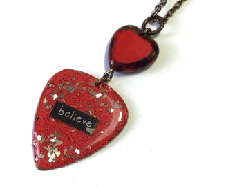 Believe Guitar Pick Necklace: Red Heart, Glass Beads, 28" Brass Chain