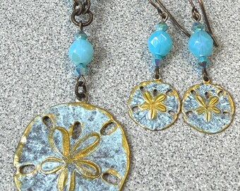 Sand Dollar Necklace/Earring Set Hand painted light blue and gold