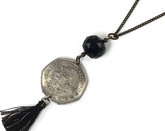 Mexican coin on long chain layering necklace with black glass bead accents and black tassel, Coin Necklace, Foreign Coin Jewelry