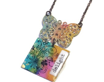 Spring Painted Butterfly and Whimsical Delight long necklace  Hand Painted