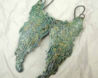 Hand Painted Angel Wings earrings, Forest Green and Gold, Arte Metal Earrings, Steampunk earrings