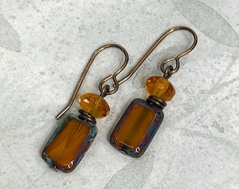 Dark Topaz Czech Glass beads with Brass Ear wires