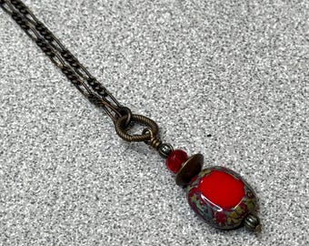 Red Czech Glass Beaded Necklace with 18" brass chain