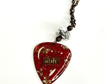 Guitar Pick Necklace WISH  embedded in red background with Glitter Accents , Long Layering Necklace