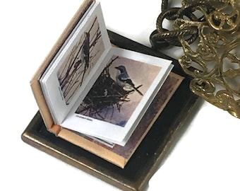 Illustrated Birds Hidden Book Necklace Tiny Readable Book