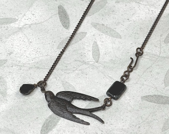 Black painted Soaring Bird Necklace on 16 3/4" Brass chain
