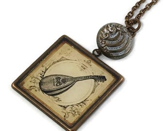 Mandolin Pendant Necklace on 32"  brass chain, Musical Instrument Necklace