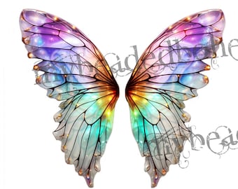 May include: Four pairs of iridescent butterfly wings with intricate vein patterns. The wings are translucent and have a rainbow of colors, including purple, blue, green, and yellow.