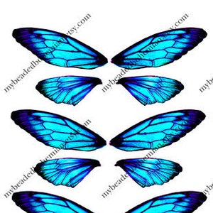 May include: Set of 16 blue butterfly wings with a textured, veined design. The wings are arranged in pairs, with the top wings larger than the bottom wings.