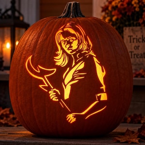 May include: A large orange pumpkin with a carved silhouette of a person with shoulder-length hair holding a staff. The carving is illuminated from within, creating a bright yellow glow against the dark orange skin of the round pumpkin.