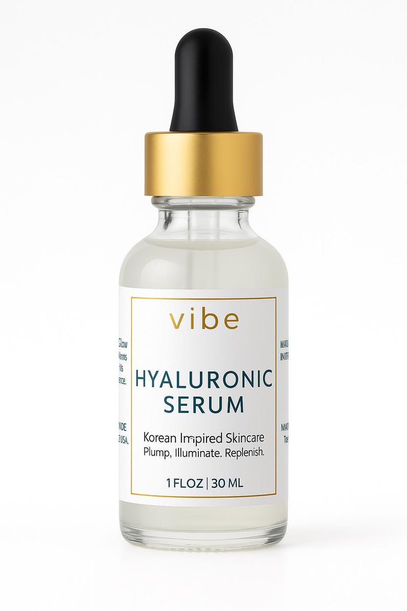 Peut inclure: Flacon en verre transparent de s&eacute;rum hyaluronique avec compte-gouttes noir et bouchon dor&eacute;. L'&eacute;tiquette indique "vibe HYALURONIC SERUM" et "1 FLOZ | 30 ML". Le produit est d&eacute;crit comme un soin de la peau d'inspiration cor&eacute;enne.