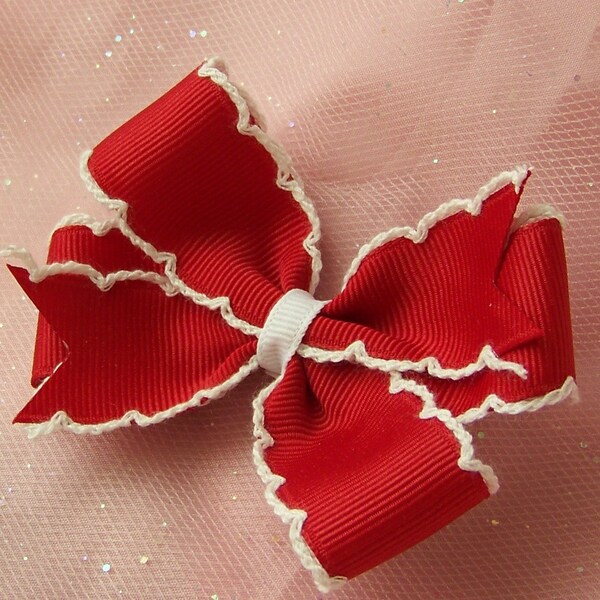 Red and White Moonstitch Hair Bow - 3 Inch Hairbow with Crochet Edge