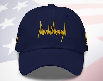 TRUMP Signature with American flag (Special Navy & Gold Edition) Premium Quality Classic Dad Hat