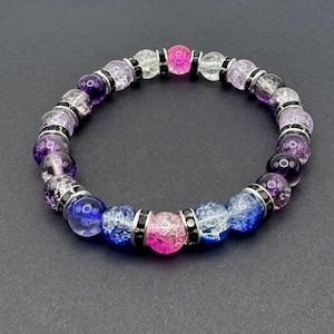 Purple Blue Bracelet with Black Rhinestones, Handmade Pink Blue Beaded Bracelet, Crackle Glass Bead Stretch Bracelet