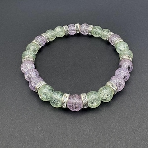 Pink and Green Bracelet with Silver Rhinestones, Handmade Pink and Green Glass Beaded Bracelet, Crackle Glass Bead Stretch Bracelet