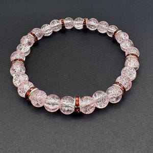Pink Bracelet with Red Rhinestones, Handmade Crackle Glass Beaded Bracelet, Glass Beaded Jewelry