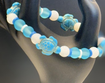 Sea Turtle Beaded Bracelet: Blue Stone & Glass, Ocean-Inspired Jewelry