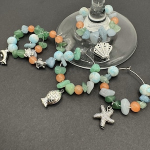 Beach Gemstone Wine Charms Set, Stainless Steel Hoops, Handmade Wine Glass Markers, Beach Themed Drink Tags, Party Decor